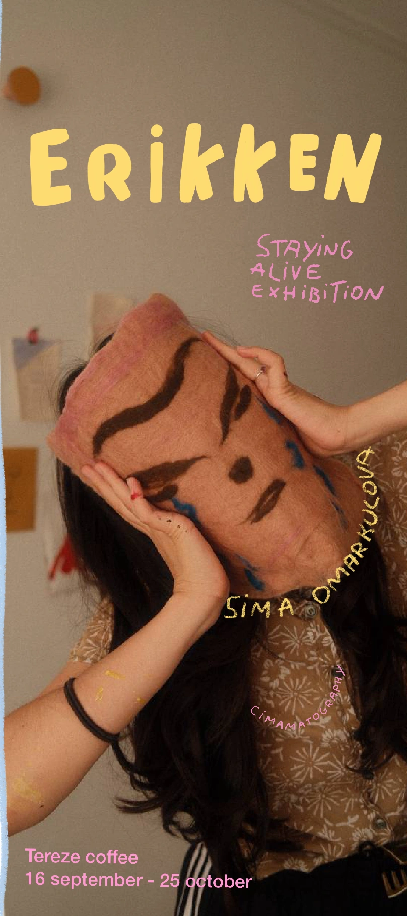 Original Erikken brochure cover: sima omarkulova holding a felt work; Staying Alive Exhibition at Tereze coffee